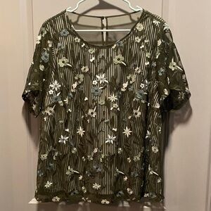 Plus Size Embroidered Sheer Blouse 1X Olive Floral Mesh Top Boho Romantic Layer